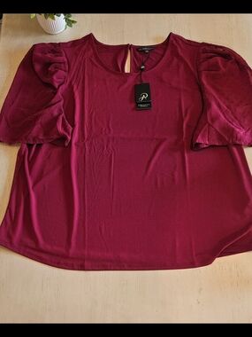Adrianna Papell Wine Puff Sleeve Blouse
